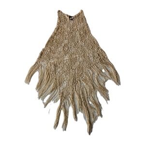 Vtg Russell Kemp New York Silk Champagne Macrame Crochet Fringe Shawl Top OS